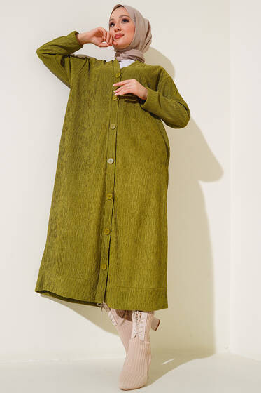 Boydan Düğmeli Uzun Hırka Yağ Yeşili - Hırka