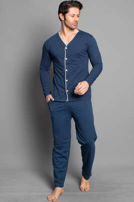 Boydan Düğmeli Uzun Kol Erkek Pijama Takım İndigo - ERKEK PİJAMA