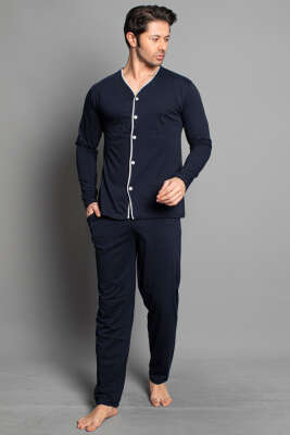 Boydan Düğmeli Uzun Kol Erkek Pijama Takım Lacivert Bordo - Kadın Pijama Takımı