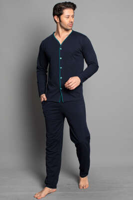 Boydan Düğmeli Uzun Kol Erkek Pijama Takım Lacivert Yeşil - Kadın Pijama Takımı