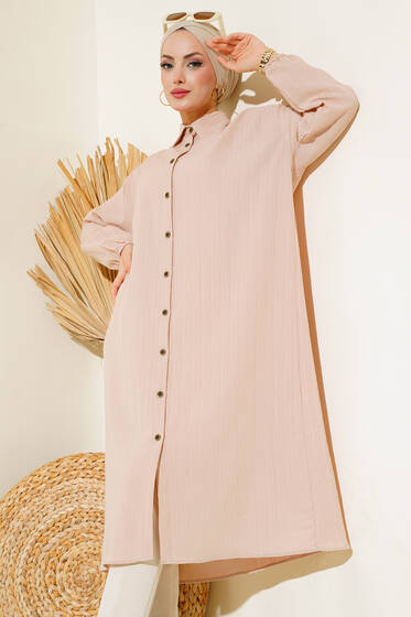 Boydan Düğmeli Uzun Tunik Bej - Tunik
