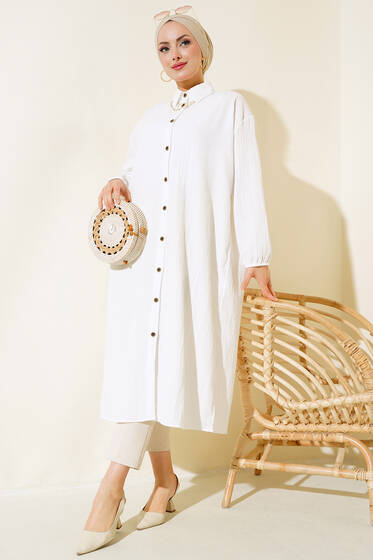Boydan Düğmeli Uzun Tunik Beyaz - Tunik