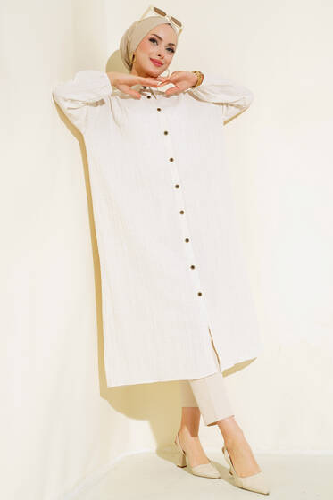 Boydan Düğmeli Uzun Tunik Ekru - Tunik