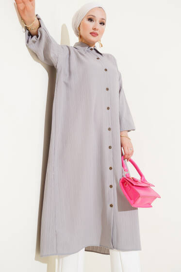 Boydan Düğmeli Uzun Tunik Gri - Tunik