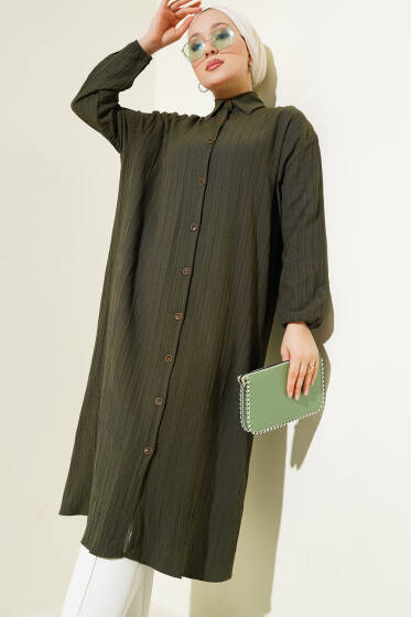 Boydan Düğmeli Uzun Tunik Haki - Tunik