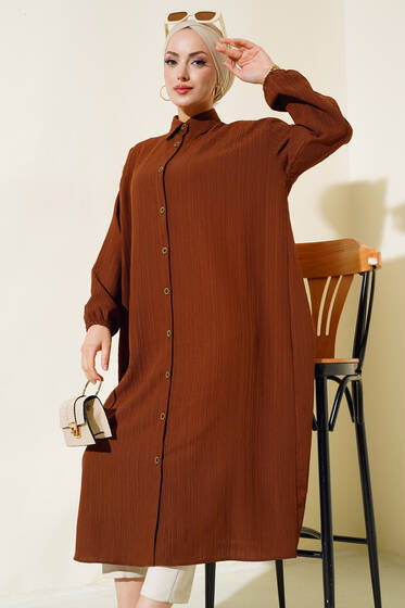 Boydan Düğmeli Uzun Tunik Kahve - Tunik