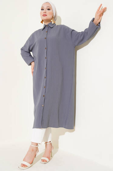 Boydan Düğmeli Uzun Tunik Kayrak Grisi - Tunik