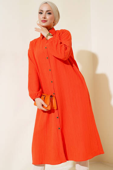 Boydan Düğmeli Uzun Tunik Oranj - Tunik