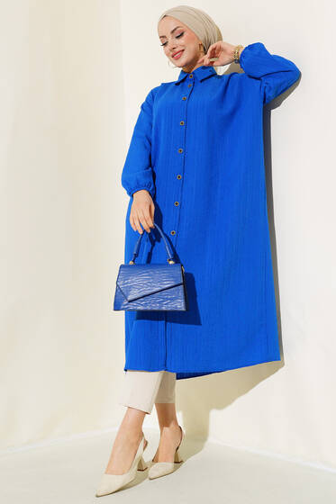 Boydan Düğmeli Uzun Tunik Saks - Tunik