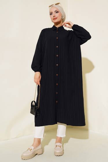 Boydan Düğmeli Uzun Tunik Siyah - Tunik