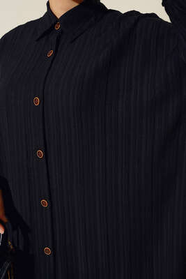 Boydan Düğmeli Uzun Tunik Siyah - Thumbnail