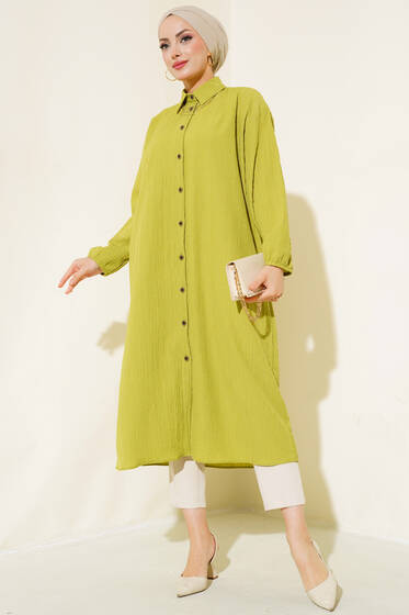 Boydan Düğmeli Uzun Tunik Yağ Yeşili - Tunik