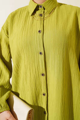 Boydan Düğmeli Uzun Tunik Yağ Yeşili - Thumbnail
