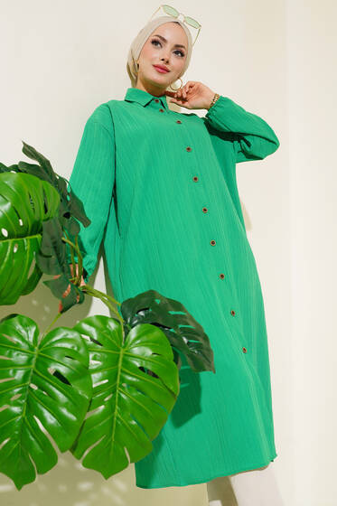Boydan Düğmeli Uzun Tunik Yeşil - Tunik