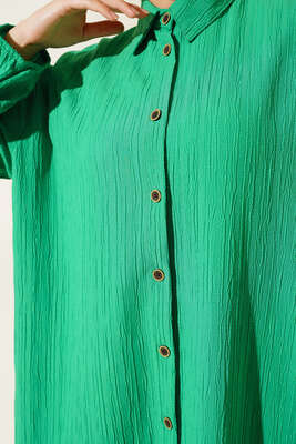 Boydan Düğmeli Uzun Tunik Yeşil - Thumbnail
