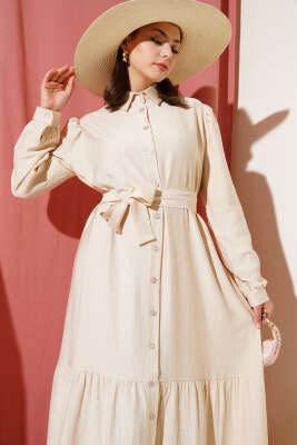 Boydan Düğmeli Volanlı Elbise Bej - Tesettür Elbise