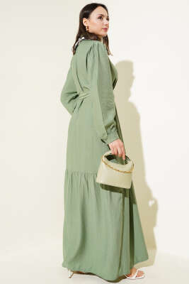 Boydan Düğmeli Volanlı Elbise Çağla Yeşili - Tesettür Elbise