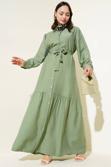 Boydan Düğmeli Volanlı Elbise Çağla Yeşili - Tesettür Elbise