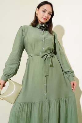 Boydan Düğmeli Volanlı Elbise Çağla Yeşili - Tesettür Elbise