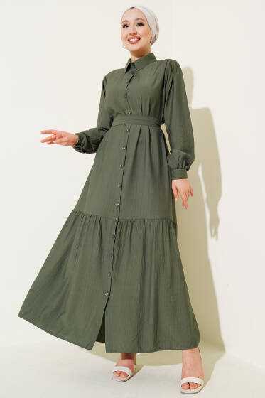 Boydan Düğmeli Volanlı Elbise Haki - Elbise