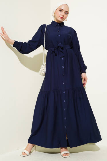 Boydan Düğmeli Volanlı Elbise Lacivert - Elbise