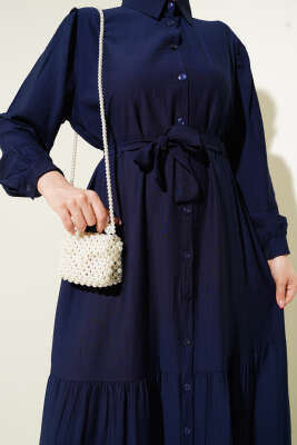 Boydan Düğmeli Volanlı Elbise Lacivert - Tesettür Elbise