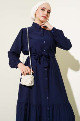 Boydan Düğmeli Volanlı Elbise Lacivert - Tesettür Elbise
