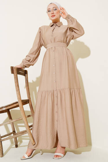 Boydan Düğmeli Volanlı Elbise Latte - Elbise