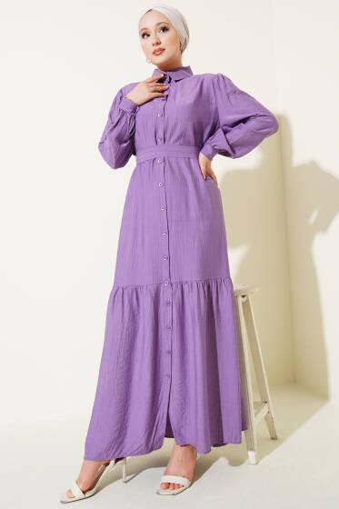 Boydan Düğmeli Volanlı Elbise Lila - Elbise