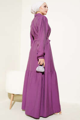 Boydan Düğmeli Volanlı Elbise Magenta - Tesettür Elbise