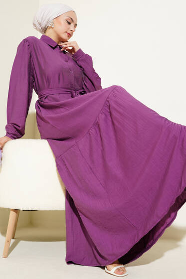 Boydan Düğmeli Volanlı Elbise Magenta - Tesettür Elbise