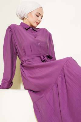 Boydan Düğmeli Volanlı Elbise Magenta - Tesettür Elbise