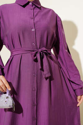 Boydan Düğmeli Volanlı Elbise Magenta - Tesettür Elbise