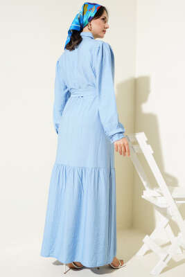 Boydan Düğmeli Volanlı Elbise Mavi - Tesettür Elbise