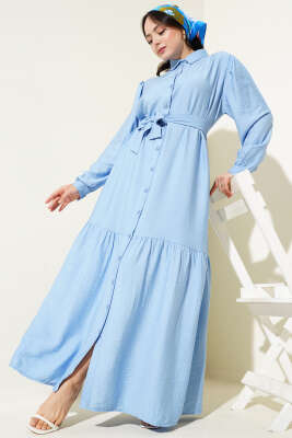 Boydan Düğmeli Volanlı Elbise Mavi - Tesettür Elbise
