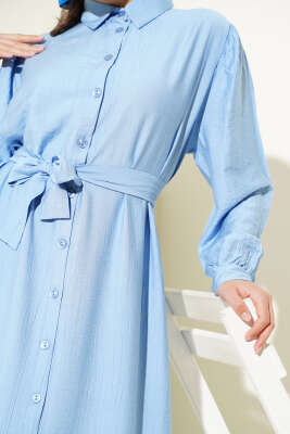 Boydan Düğmeli Volanlı Elbise Mavi - Tesettür Elbise