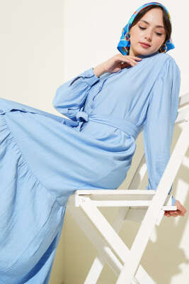 Boydan Düğmeli Volanlı Elbise Mavi 