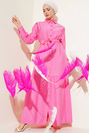 Boydan Düğmeli Volanlı Elbise Pembe - Elbise