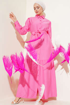 Boydan Düğmeli Volanlı Elbise Pembe 