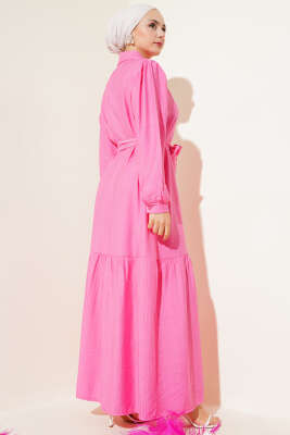 Boydan Düğmeli Volanlı Elbise Pembe - Tesettür Elbise