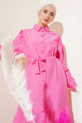 Boydan Düğmeli Volanlı Elbise Pembe - Tesettür Elbise