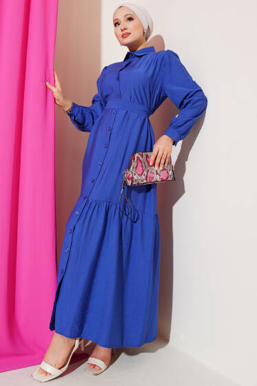 Boydan Düğmeli Volanlı Elbise Saks - Elbise