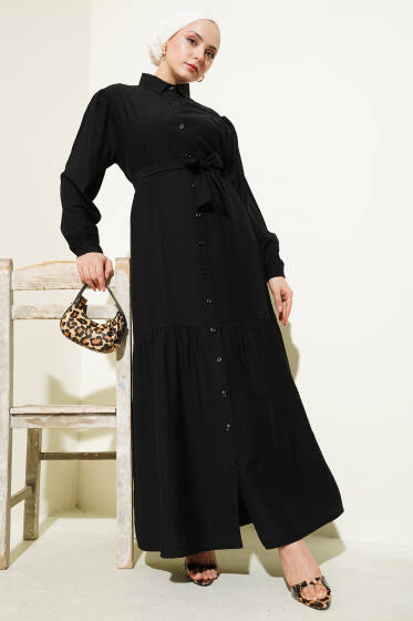 Boydan Düğmeli Volanlı Elbise Siyah - Elbise