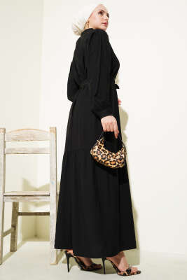 Boydan Düğmeli Volanlı Elbise Siyah - Tesettür Elbise