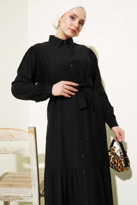 Boydan Düğmeli Volanlı Elbise Siyah - Tesettür Elbise