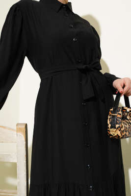 Boydan Düğmeli Volanlı Elbise Siyah - Tesettür Elbise