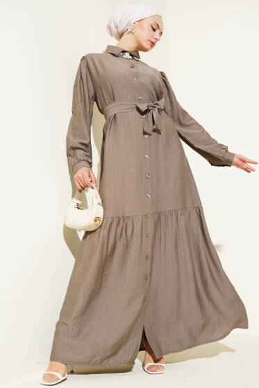 Boydan Düğmeli Volanlı Elbise Vizon - Elbise