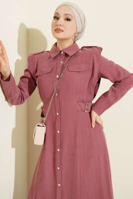 Boydan Düğmeli Yan Kemerli Tensel Elbise Gül Kurusu - Elbise