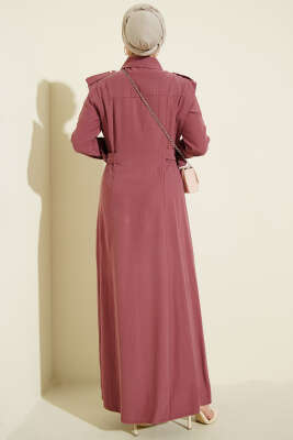 Boydan Düğmeli Yan Kemerli Tensel Elbise Gül Kurusu - Elbise