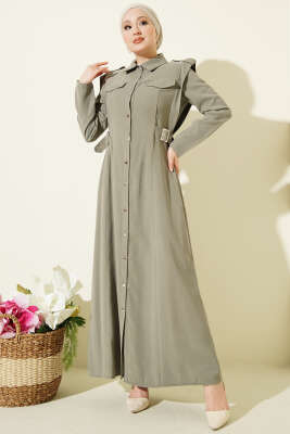Boydan Düğmeli Yan Kemerli Tensel Elbise Haki - BERAT TEKSTİL